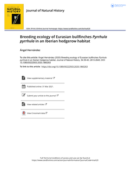 Breeding Ecology of Eurasian Bullfinches Pyrrhula Pyrrhula in an Iberian Hedgerow Habitat