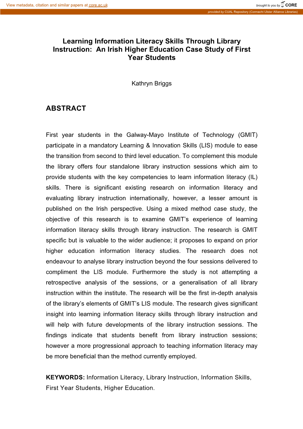 Learning Information Literacy Skills Through Library Instruction: an Irish Higher Education Case Study of First Year Students