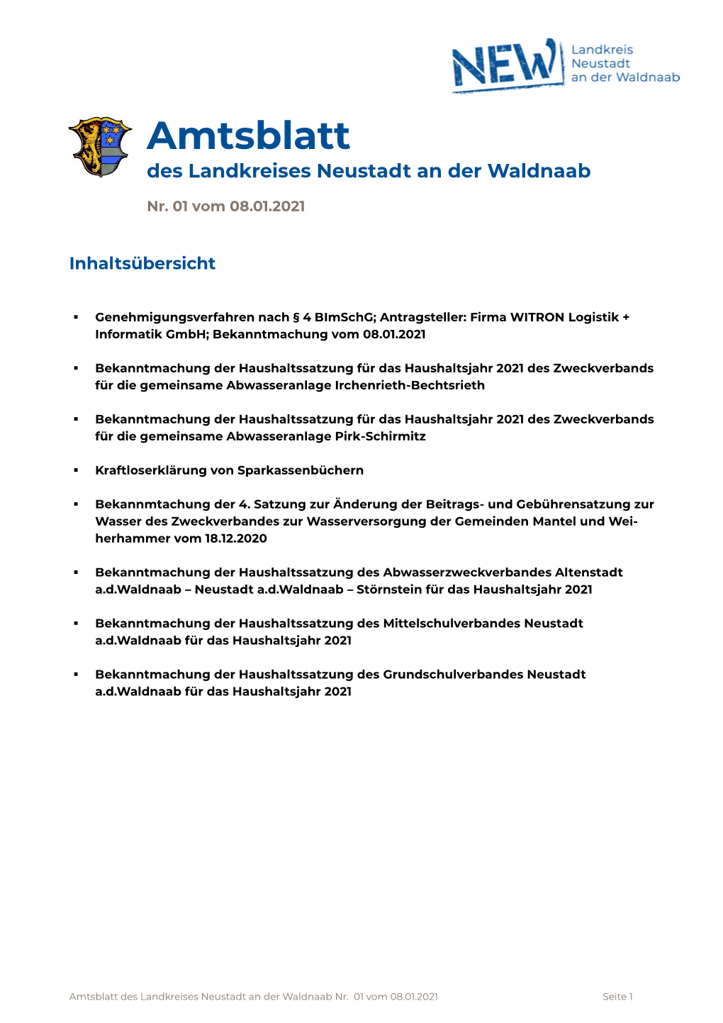 Amtsblatt Nr. 01 Vom 08.01.2021