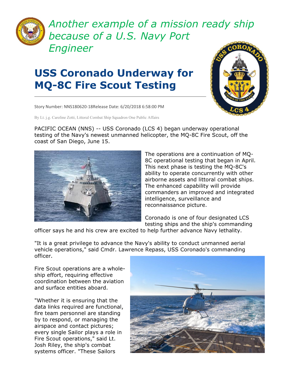 USS Coronado Underway for MQ-8C Fire Scout Testing