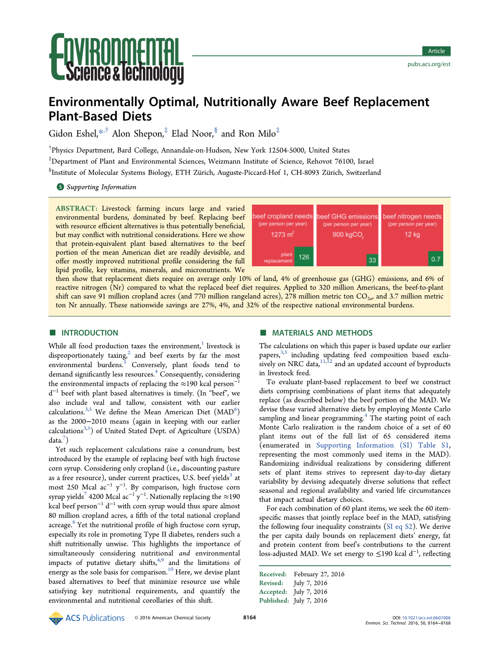 Environmentally Optimal, Nutritionally Aware Beef Replacement Plant-Based Diets Gidon Eshel,*,† Alon Shepon,‡ Elad Noor,§ and Ron Milo‡
