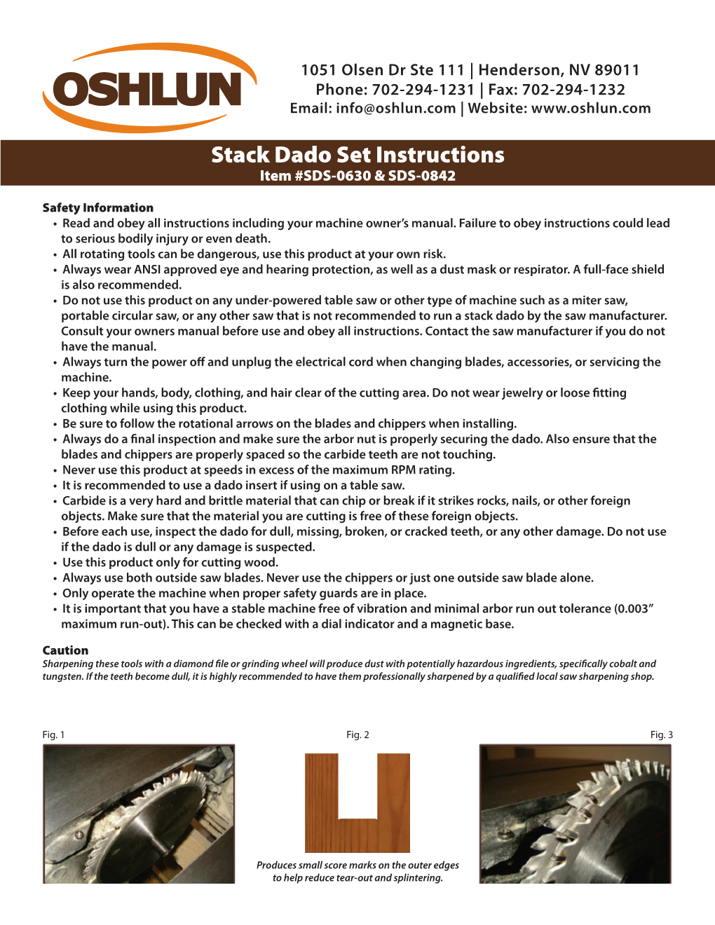 Stack Dado Set Instructions Item #SDS-0630 & SDS-0842