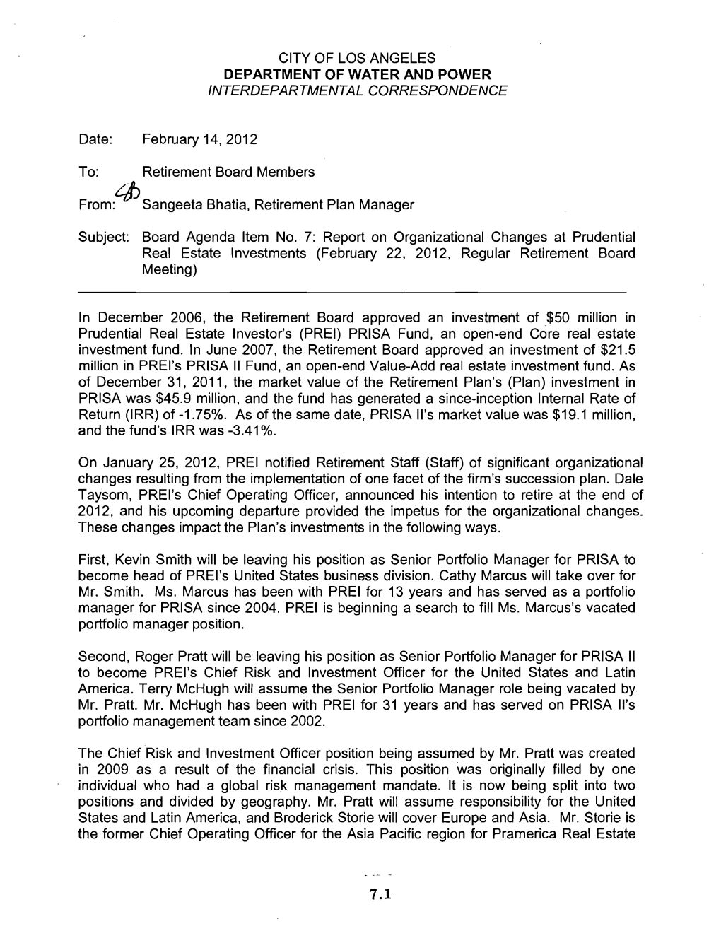 Report on Organizational Changes at Prudential Real Estate Investments (February 22, 2012, Regular Retirement Board Meeting)