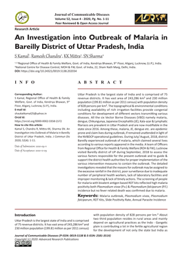 An Investigation Into Outbreak of Malaria in Bareilly District of Uttar