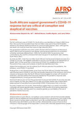 South Africans Support Government's COVID-19 Response but Are Critical of Corruption and Skeptical of Vaccines