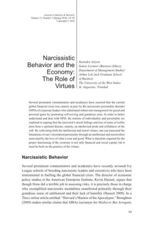 Narcissistic Behavior and the Economy: the Role of Virtues