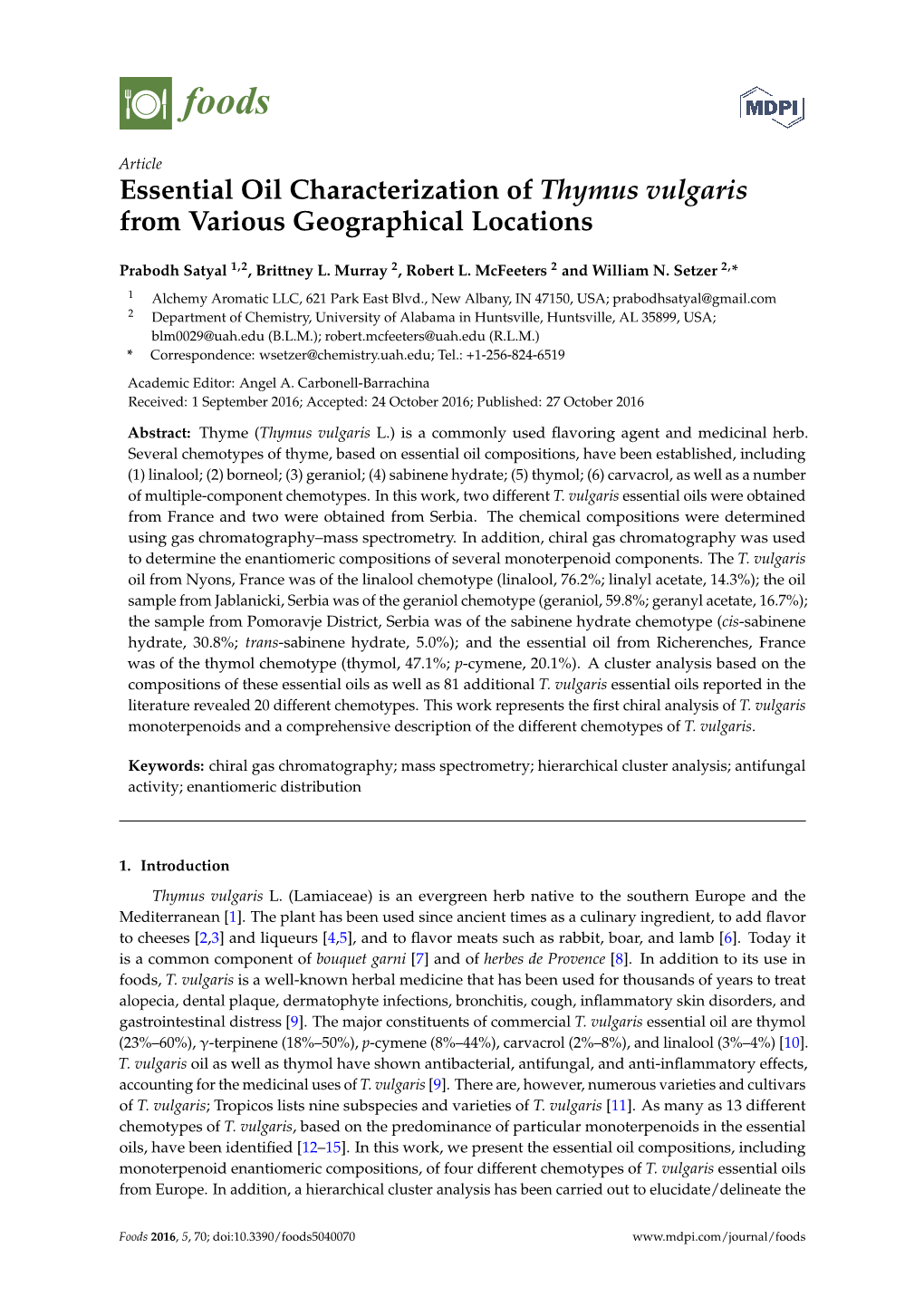 Essential Oil Characterization of Thymus Vulgaris from Various Geographical Locations