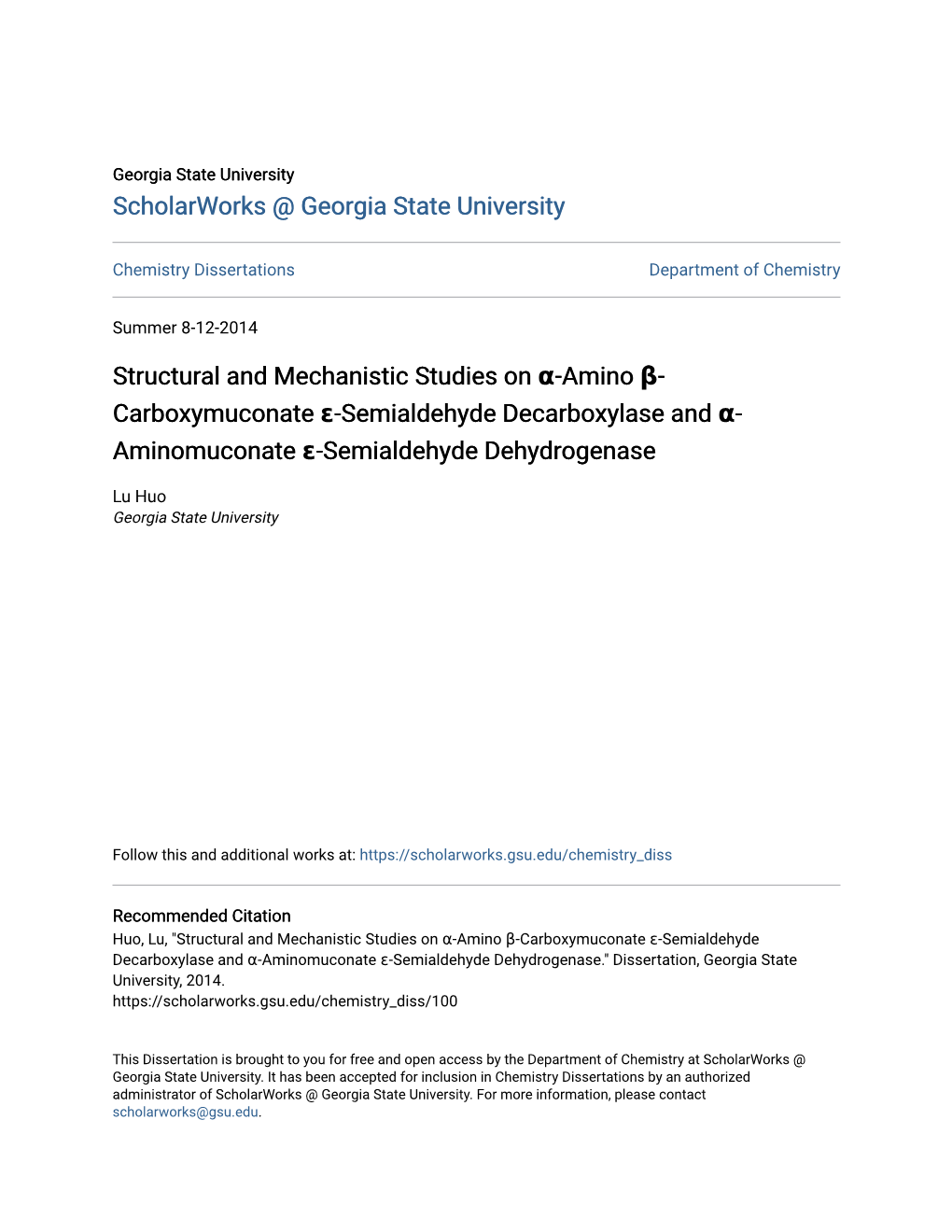 Structural and Mechanistic Studies on Α-Amino Β-Carboxymuconate Ε