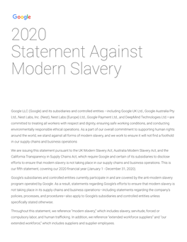 2020 Statement Against Modern Slavery
