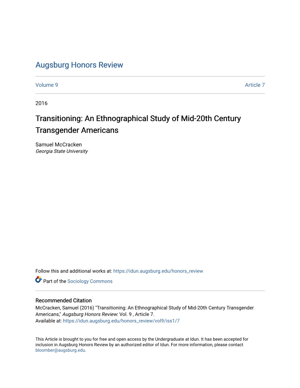 An Ethnographical Study of Mid-20Th Century Transgender Americans