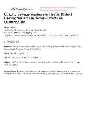 1 Utilizing Sewage Wastewater Heat in District Heating Systems in Serbia - Effects on 2 Sustainability