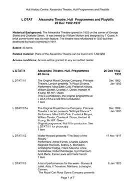 L DTAT Alexandra Theatre, Hull Programmes and Playbills 26 Dec 1902-1937