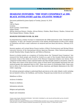 DEADLINE EXTENDED: "THE VESEY CONSPIRACY at 200: BLACK ANTISLAVERY and the ATLANTIC WORLD"