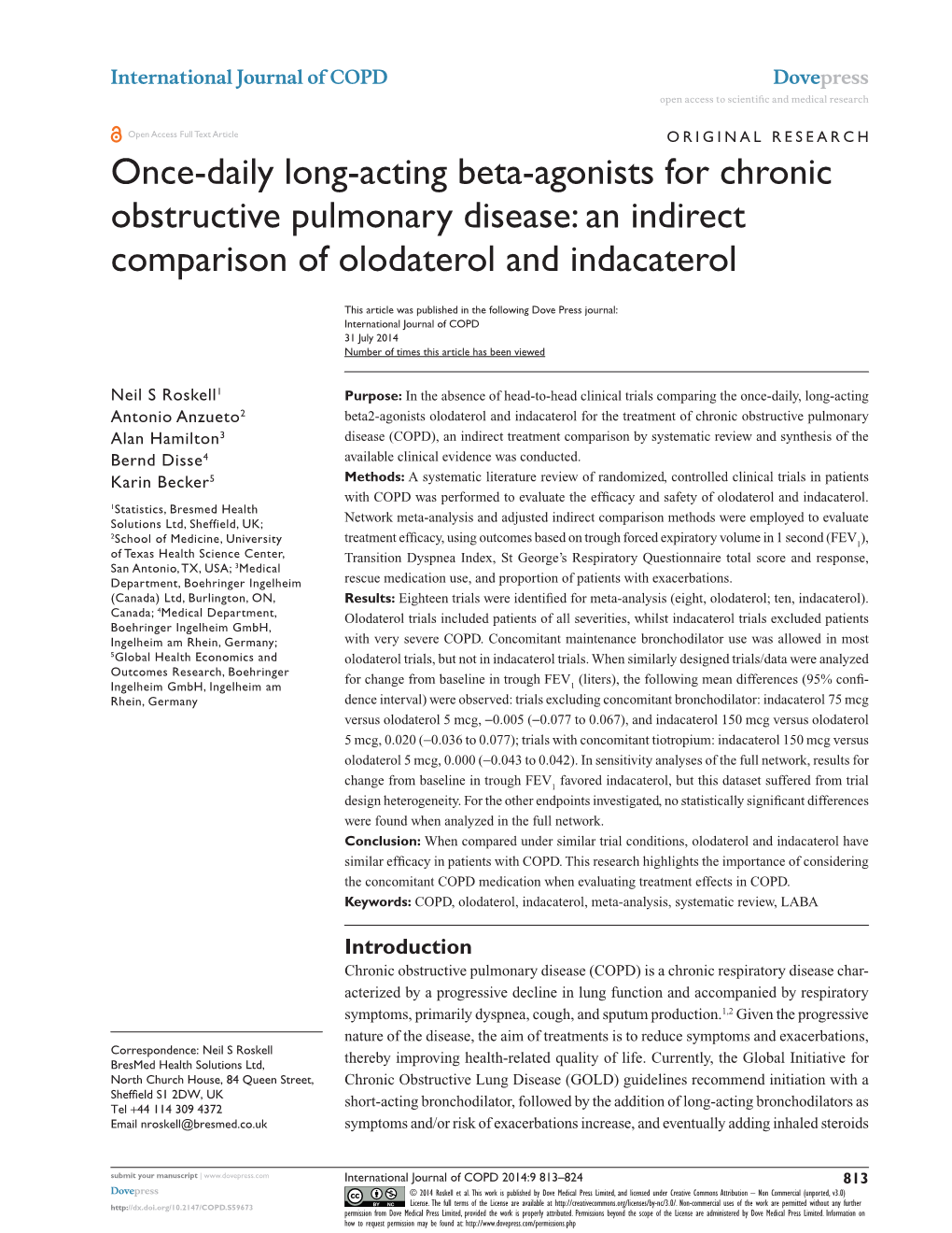 Once-Daily Long-Acting Beta-Agonists for Chronic Obstructive Pulmonary Disease: an Indirect Comparison of Olodaterol and Indacaterol