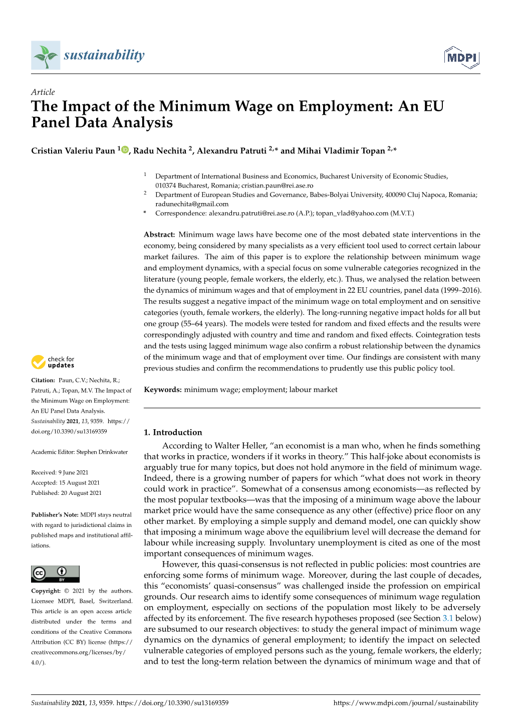 The Impact of the Minimum Wage on Employment: an EU Panel Data Analysis