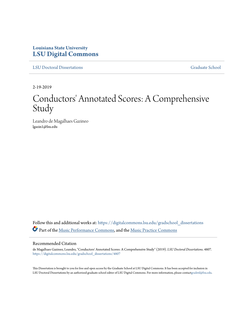 Conductors' Annotated Scores: a Comprehensive Study Leandro De Magalhaes Gazineo Lgazin1@Lsu.Edu