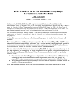 MEPA Certificate for the I-90 Allston Interchange Project Environmental Notification Form ABC Summary January 12, 2015, Revised February 25, 2015