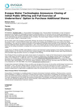 Evoqua Water Technologies Announces Closing of Initial Public Offering and Full Exercise of Underwriters’ Option to Purchase Additional Shares