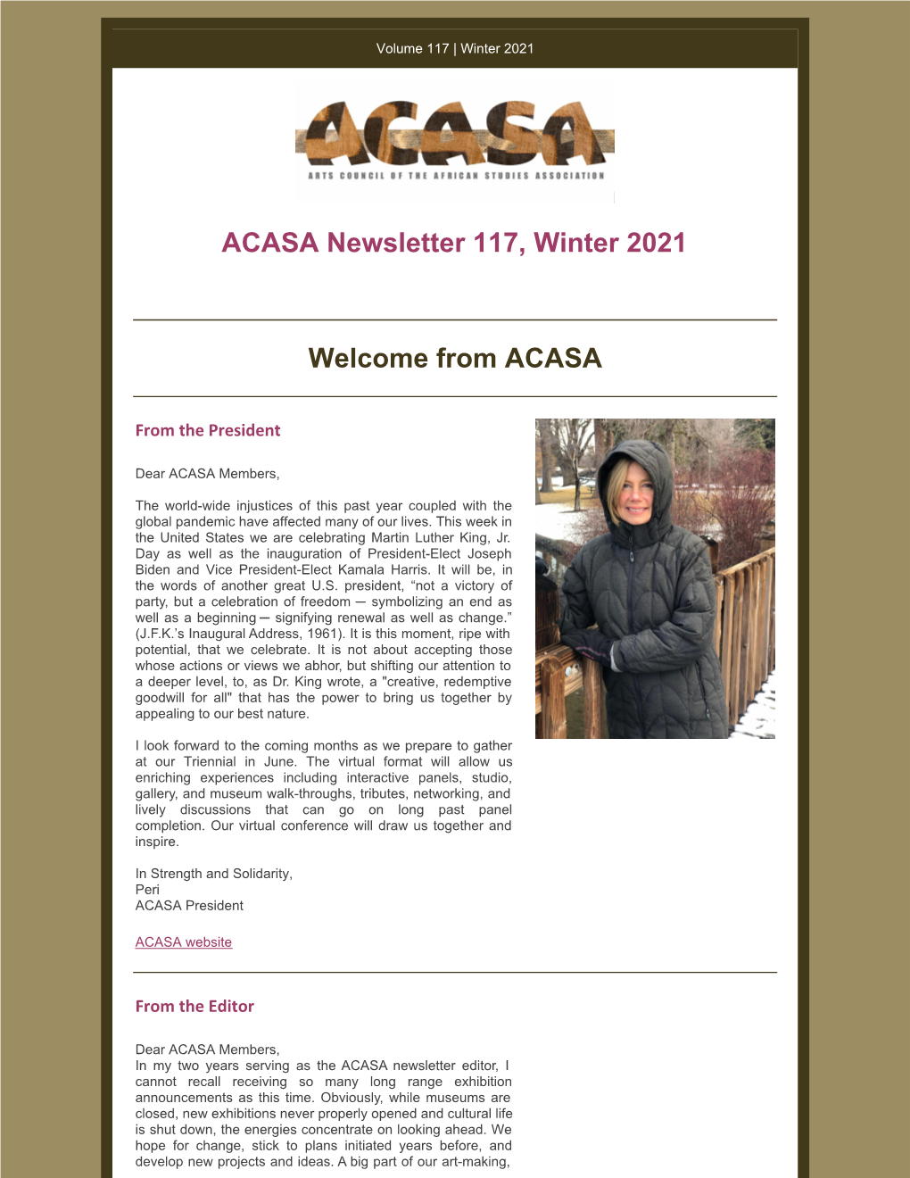 ACASA Newsletter 117, Winter 2021 Welcome from ACASA