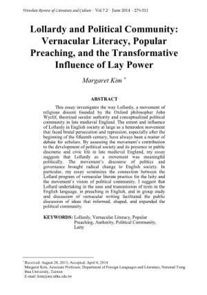 Lollardy and Political Community: Vernacular Literacy, Popular Preaching, and the Transformative Influence of Lay Power