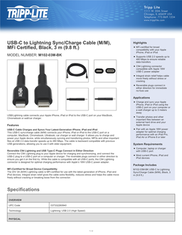 Specifications USB-C to Lightning Sync/Charge Cable
