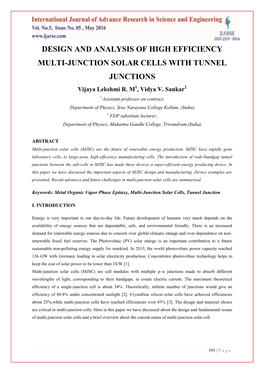 DESIGN and ANALYSIS of HIGH EFFICIENCY MULTI-JUNCTION SOLAR CELLS with TUNNEL JUNCTIONS Vijaya Lekshmi R