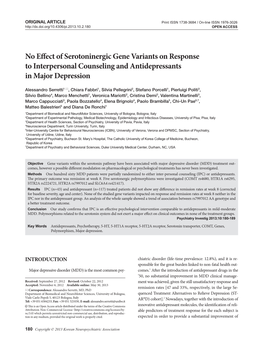 No Effect of Serotoninergic Gene Variants on Response to Interpersonal Counseling and Antidepressants in Major Depression