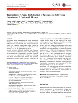 Transcatheter Arterial Embolization of Spontaneous Soft Tissue Hematomas: a Systematic Review