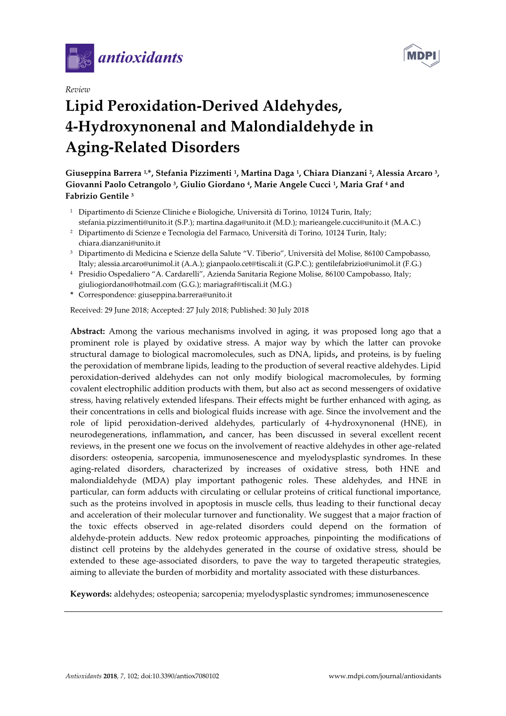 Lipid Peroxidation-Derived Aldehydes, 4-Hydroxynonenal and Malondialdehyde in Aging-Related Disorders