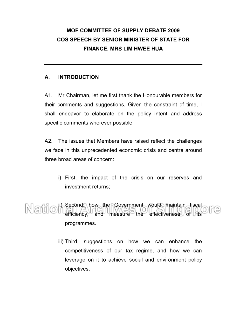 Mof Committee of Supply Debate 2009 Cos Speech by Senior Minister of State for Finance, Mrs Lim Hwee Hua