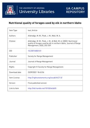 Nutritional Quality of Forages Used by Elk in Northern Idaho