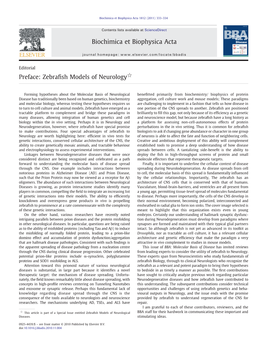 Zebrafish Models of Neurology Biochimica Et Biophysica Acta