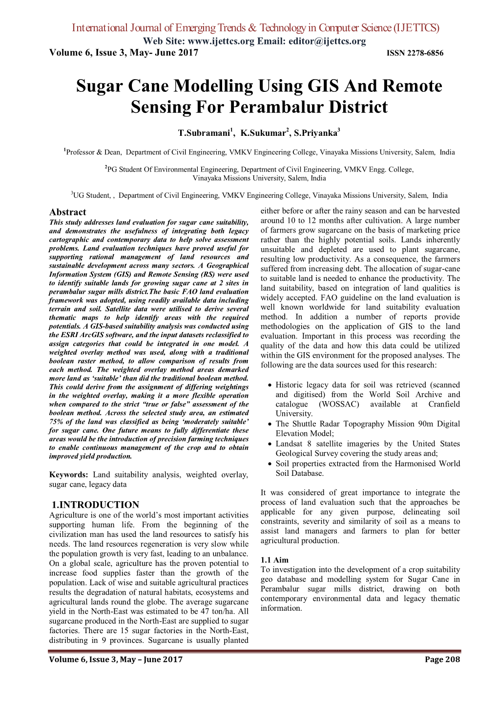 Sugar Cane Modelling Using GIS and Remote Sensing for Perambalur District