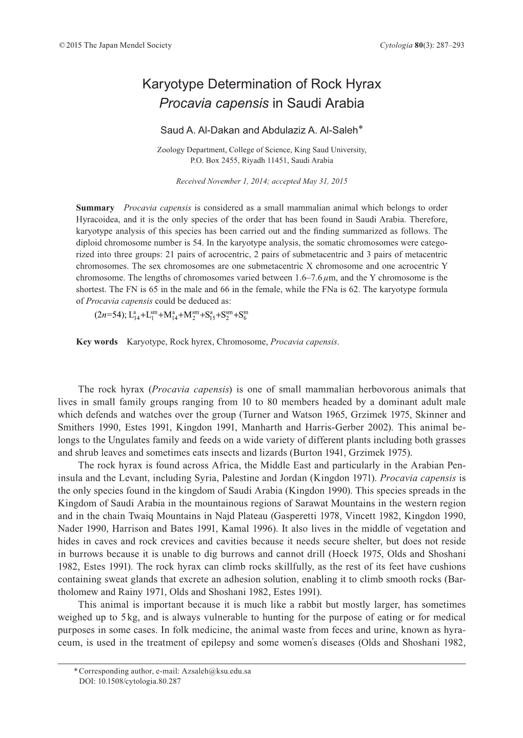 Karyotype Determination of Rock Hyrax Procavia Capensis in Saudi Arabia