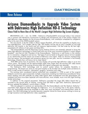 Arizona Diamondbacks to Upgrade Video System with Daktronics High Definition HD-X Technology