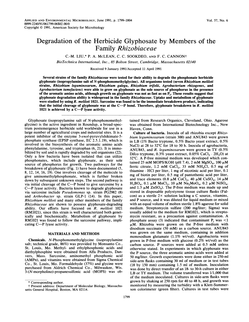 Degradation of the Herbicide Glyphosate by Members of the Family Rhizobiaceae C.-M