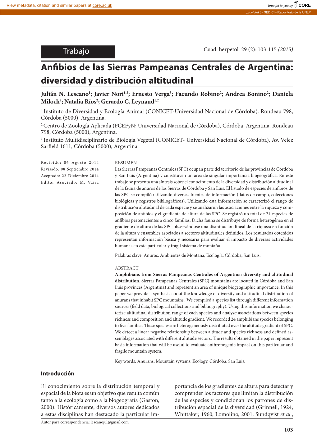 Anfibios De Las Sierras Pampeanas Centrales De Argentina: Diversidad Y Distribución Altitudinal Julián N