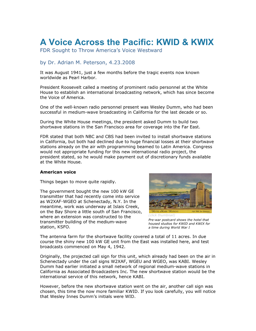 A Voice Across the Pacific: KWID & KWIX FDR Sought to Throw America’S Voice Westward by Dr