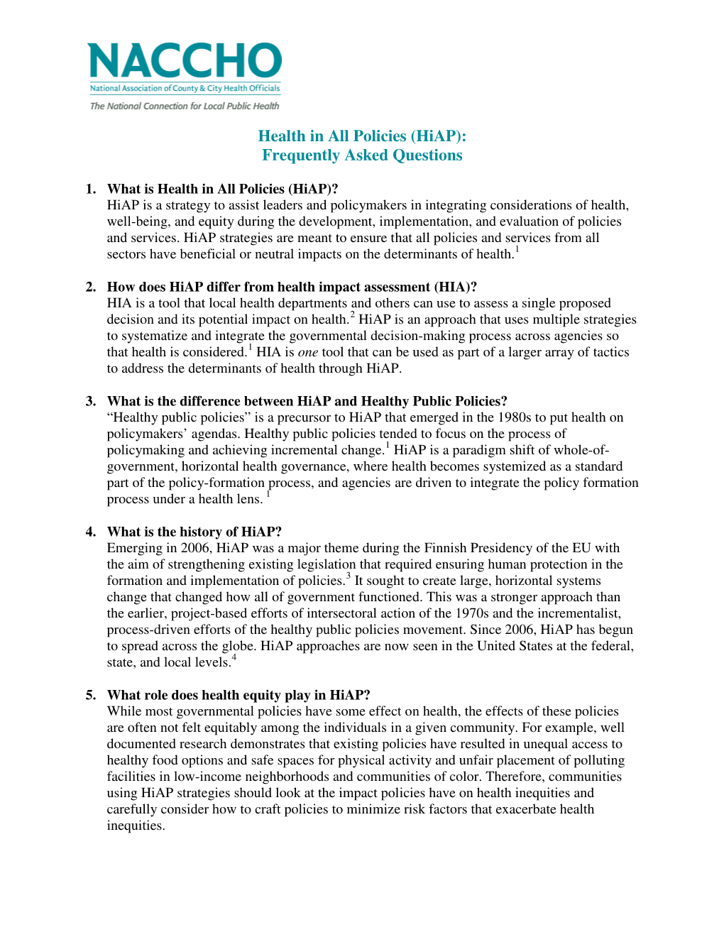 Health in All Policies (Hiap): Frequently Asked Questions