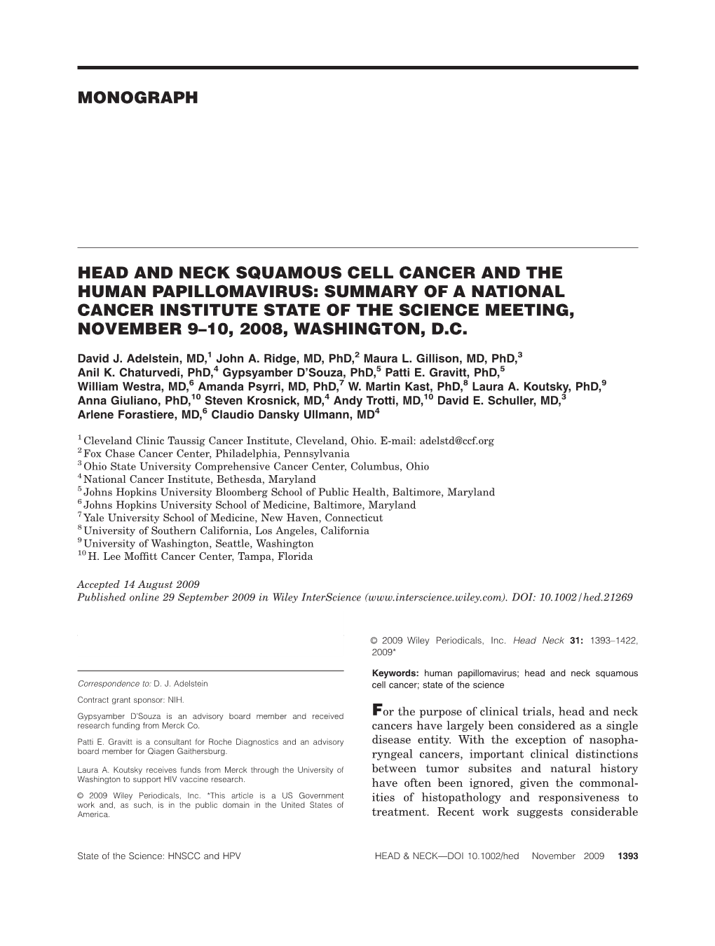 Head and Neck Squamous Cell Cancer and the Human Papillomavirus