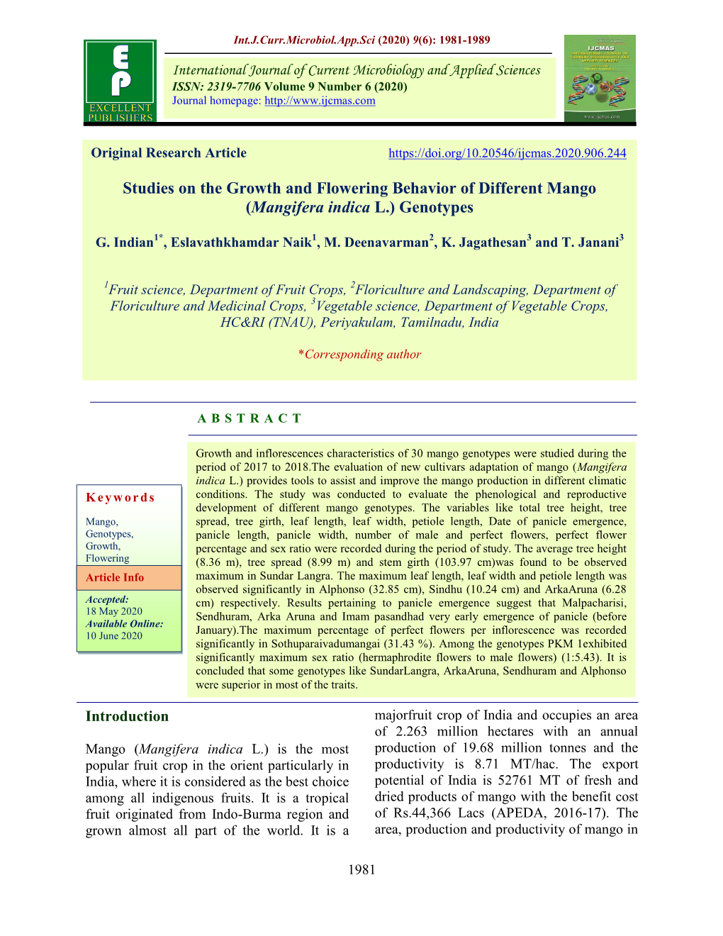 Studies on the Growth and Flowering Behavior of Different Mango (Mangifera Indica L.) Genotypes