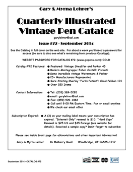 Quarterly Illustrated Vintage Pen Catalog Garylehrer@Aol.Com Issue #72 - September 2014