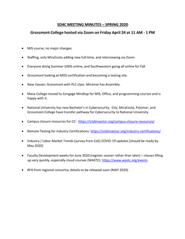 SD4C MEETING MINUTES – SPRING 2020 Grossmont College Hosted Via Zoom on Friday April 24 at 11 AM - 1 PM