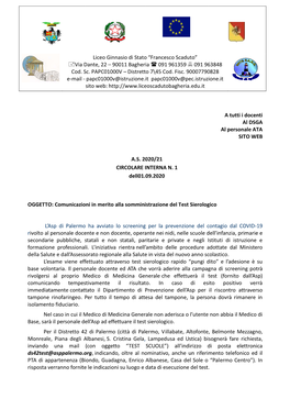 Comunicazioni in Merito Alla Somministrazione Del Test Sierologico