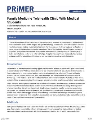 Family Medicine Telehealth Clinic with Medical Students Carolyn Peterseim | Kristen Hood Watson, MD Primer