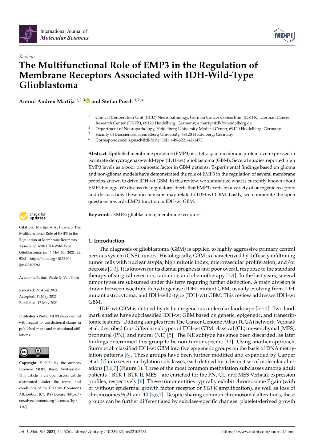 The Multifunctional Role of EMP3 in the Regulation of Membrane Receptors Associated with IDH-Wild-Type Glioblastoma