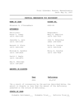 Trial Calendar: Boston, Massachusetts Date: May 21, 2007 PRETRIAL