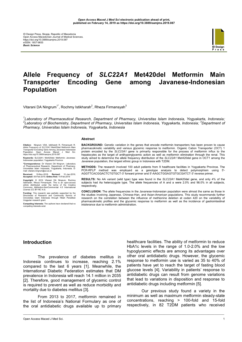 Allele Frequency of SLC22A1 Met420del Metformin Main Transporter Encoding Gene Among Javanese-Indonesian Population
