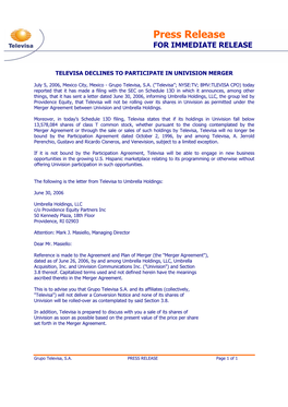 Press Release for IMMEDIATE RELEASE