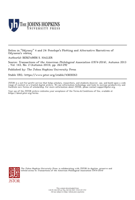 Dolios in "Odyssey" 4 and 24: Penelope's Plotting and Alternative Narratives of Odysseus's Νόστος Author(S): BENJAMIN S